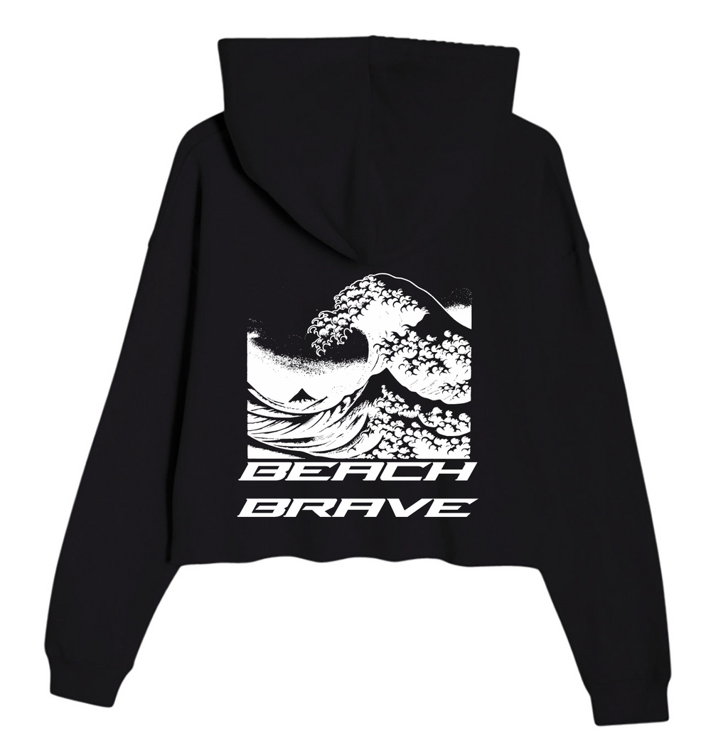 CROPPED BEACH BRAVE WAVE HOODIE - BLACK